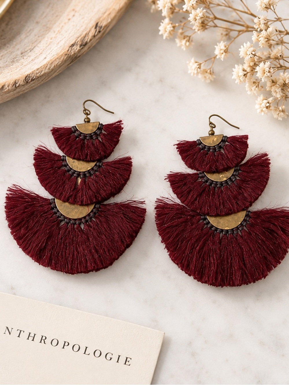 Anthropologie Burgundy Tiered Tassel Statement Earrings Boho 4”